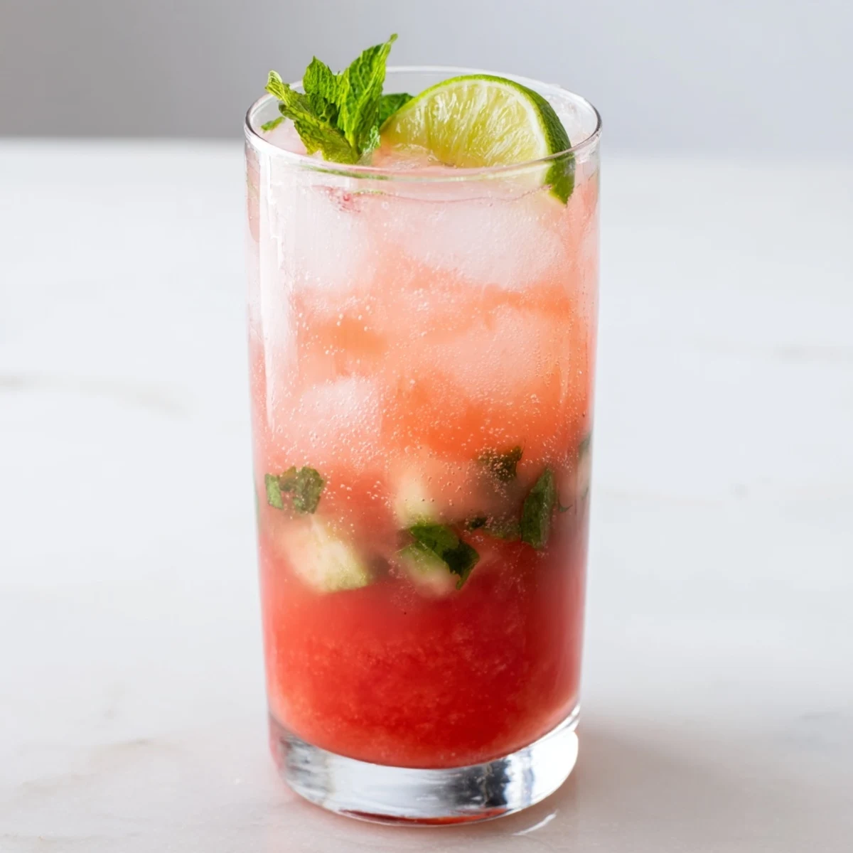 Vibrant low carb watermelon refresher featuring blended watermelon puree topped with ice cubes and cucumber slices