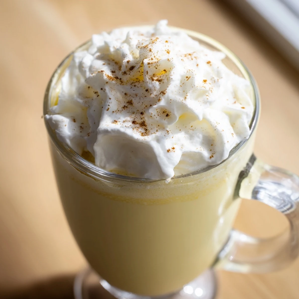 Creamy keto eggnog topped with whipped cream and dusted with freshly ground nutmeg