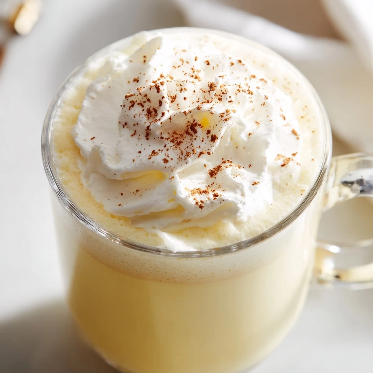 Festive glass of low-carb eggnog garnished with cinnamon and optional dark rum