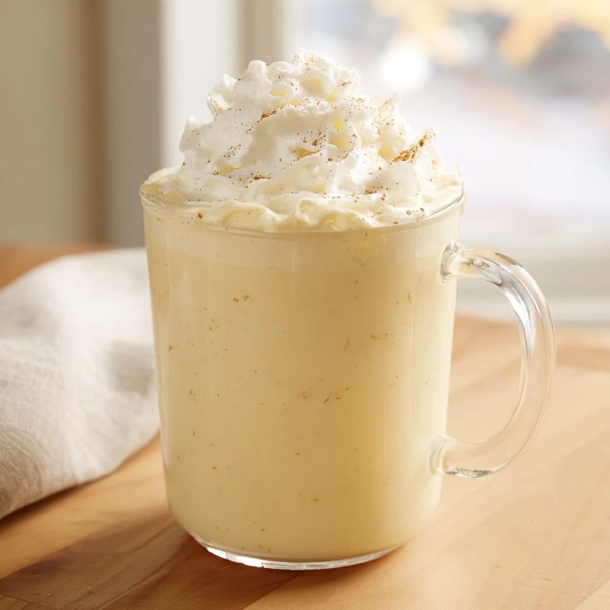 Golden ketogenic eggnog delight served chilled with dollop of vanilla whipped cream