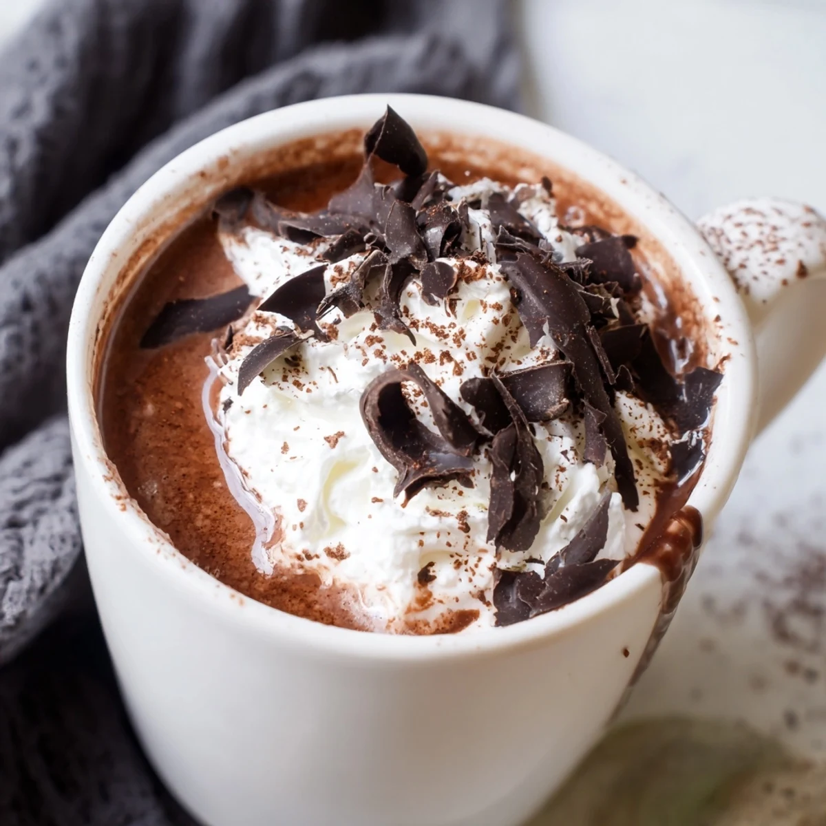 Creamy sugar-free keto hot chocolate topped with whipped cream in a cozy mug