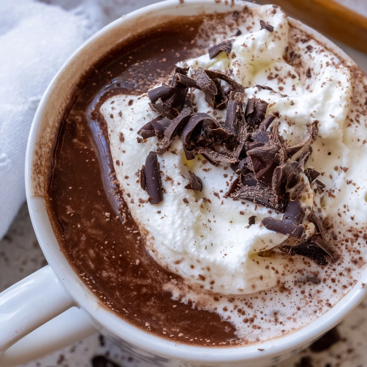 Rich velvety keto hot chocolate made with almond milk and dark chocolate shavings
