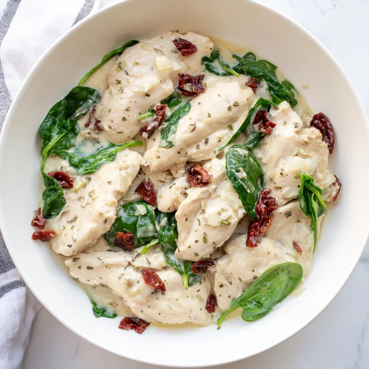 Creamy slow cooker Tuscan chicken with sun-dried tomatoes and spinach in parmesan sauce