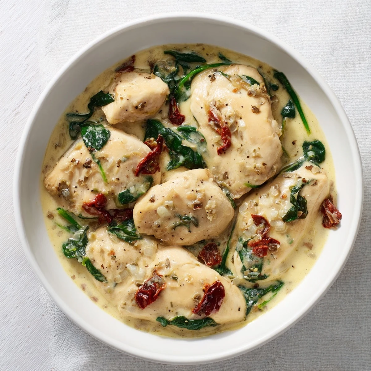 Tender chicken breasts simmered in rich Italian cream sauce with garlic and wilted spinach