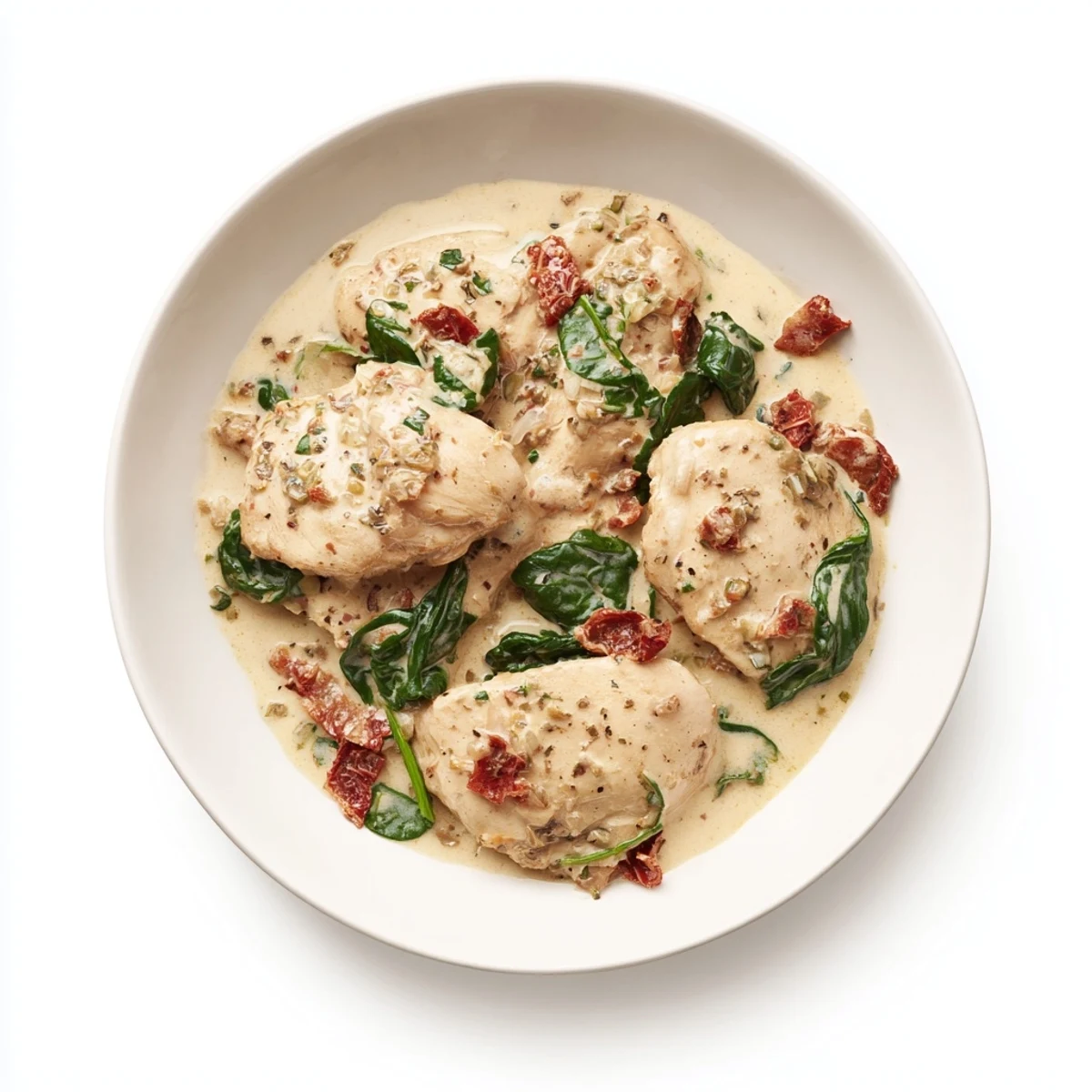 Golden slow cooker Tuscan chicken topped with luscious parmesan cream and sun-dried tomato garnish