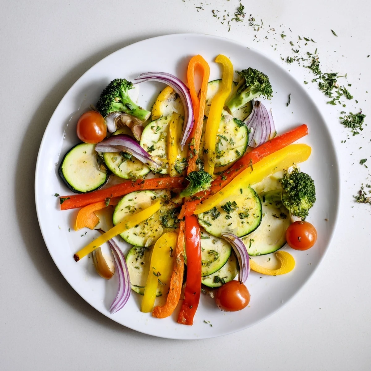Bright Garlic Infused Olive Oil Sauteed Veggies tossed, juicy tomatoes, herb garnish.