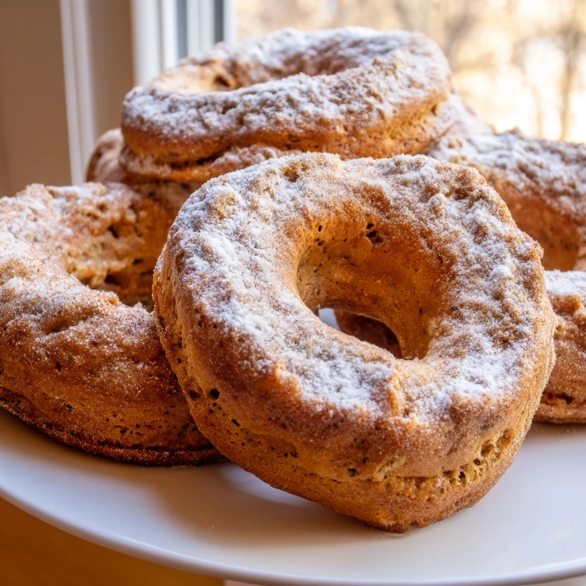 Freshly baked banana bread donuts with golden brown tops and sweet cinnamon glaze drizzle