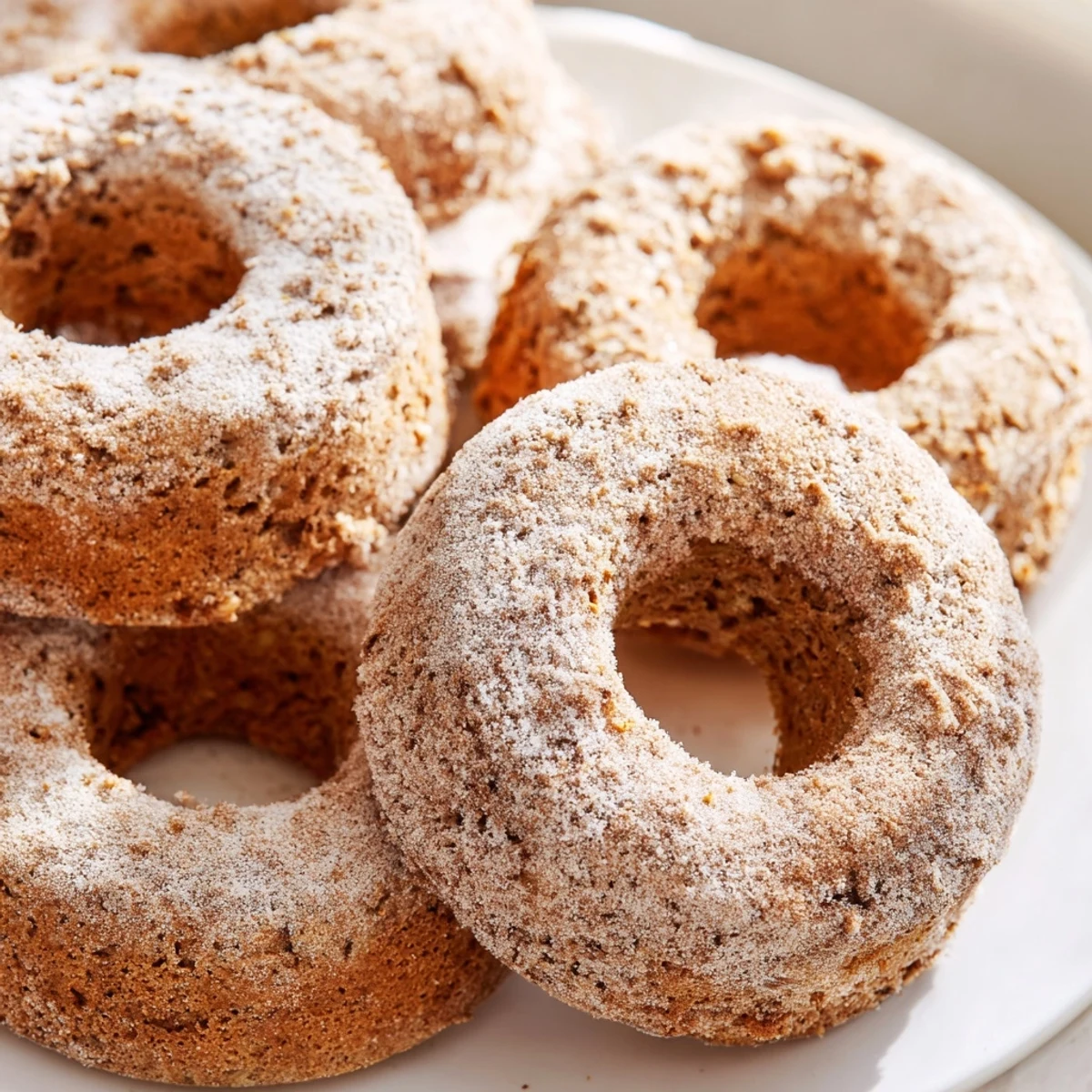Soft moist banana bread donuts arranged on a wire rack after cooling from the oven