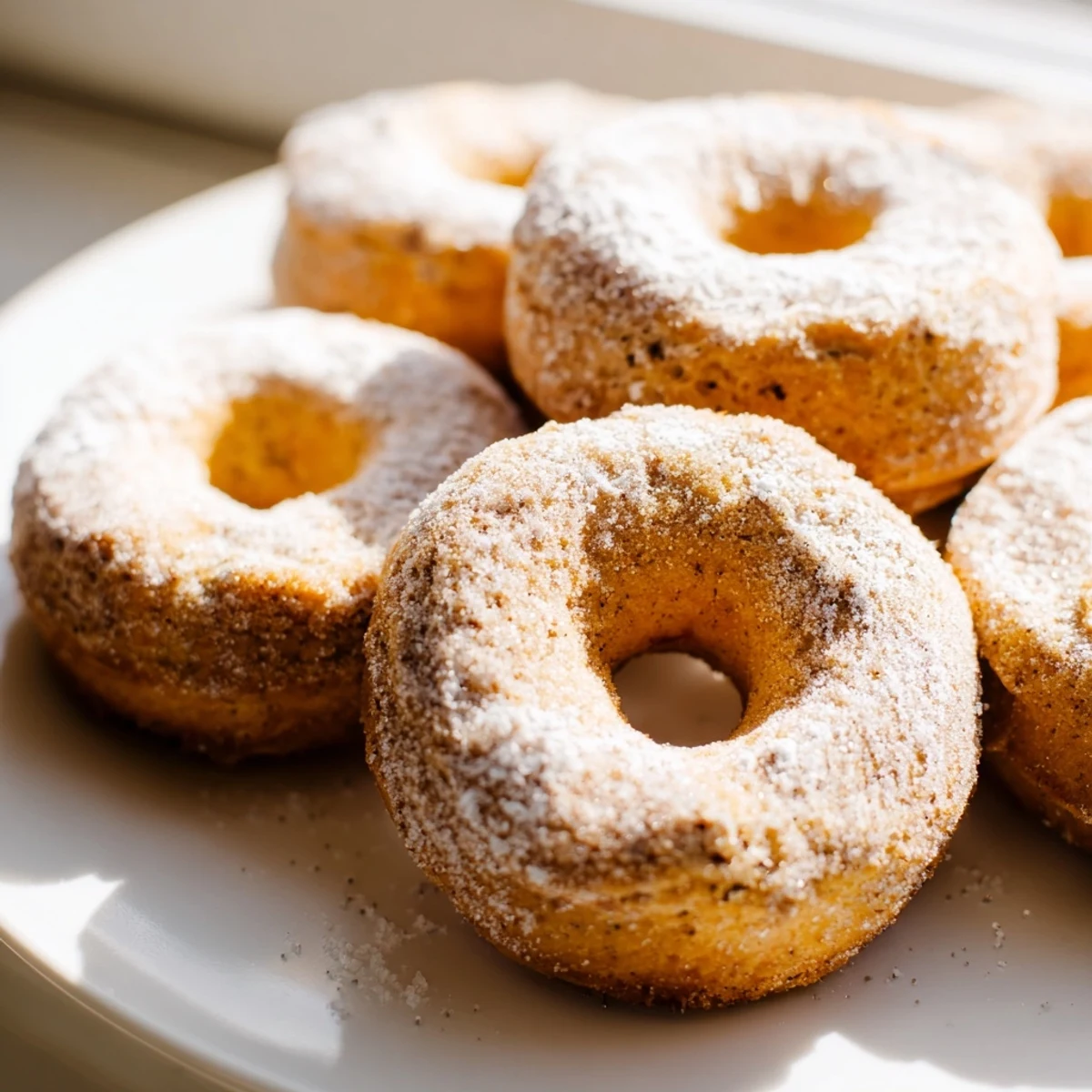 Warm homemade banana bread donuts topped with powdered sugar and cinnamon on a white plate