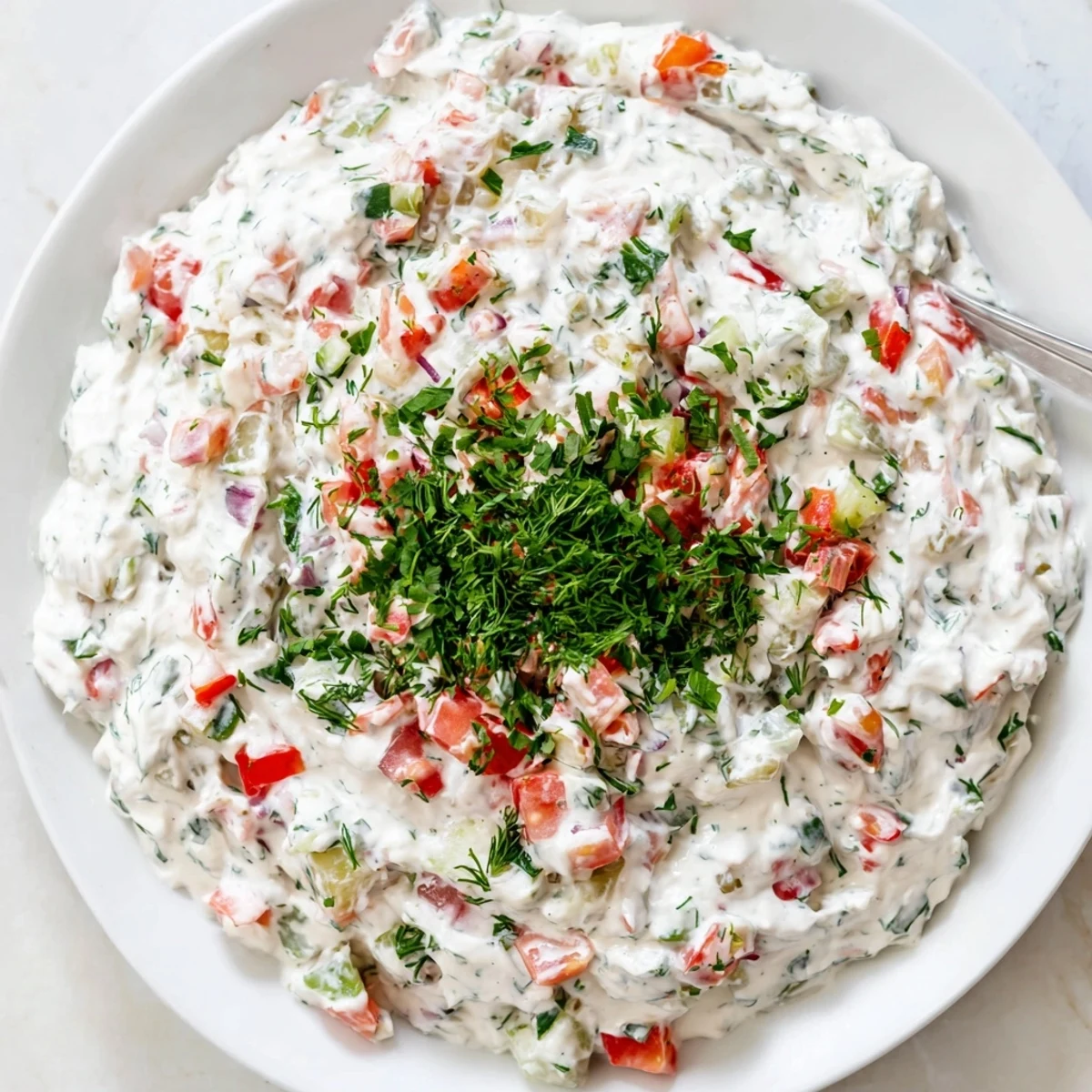 Creamy Grillos pickle de gallo ranch dip topped with fresh pico de gallo and vibrant herbs