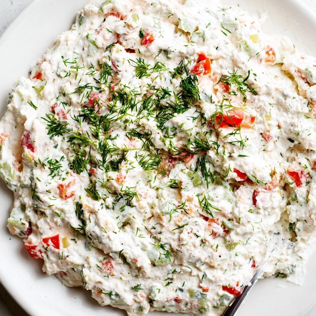 Thick and creamy Grillos pickle de gallo ranch dip speckled with chopped pickles and dill garnish