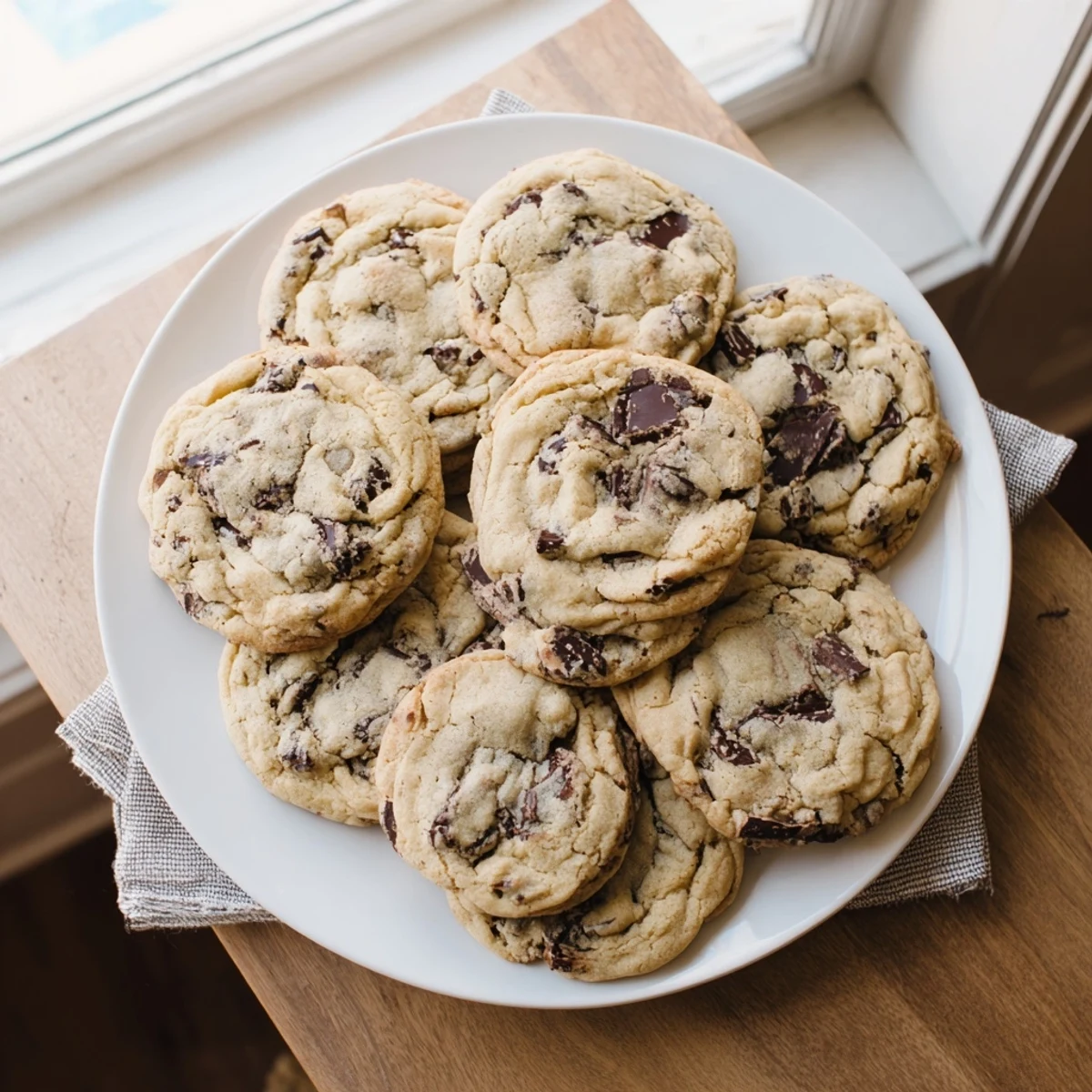 Golden chewy chocolate chip cookies fresh from the oven with melting chocolate centers