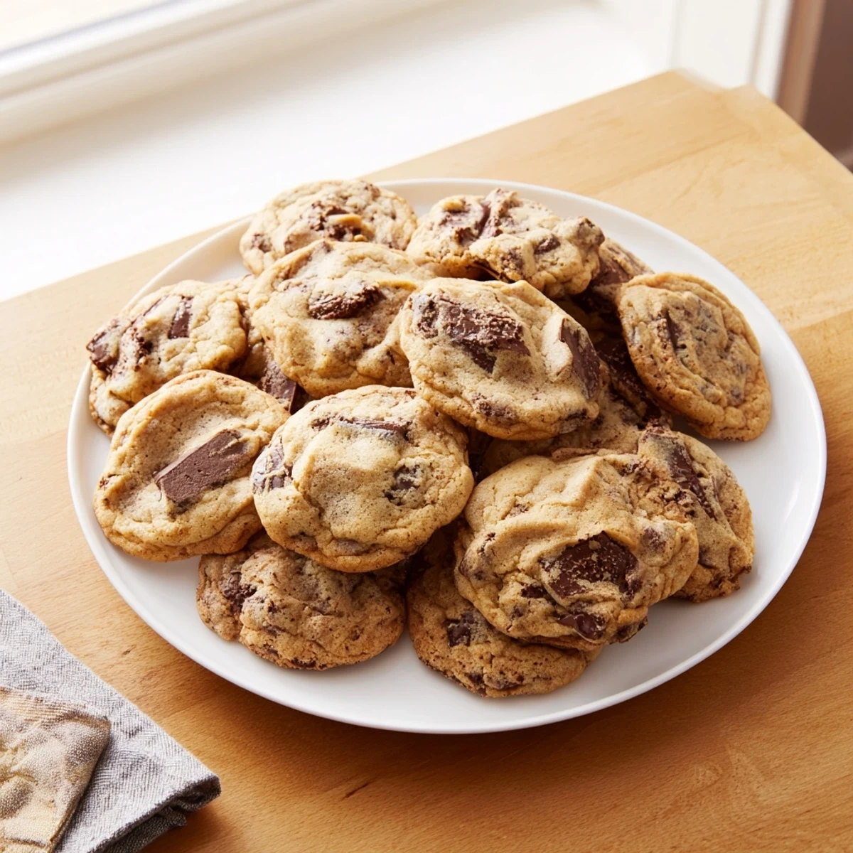 Stack of thick soft chocolate chip cookies dusted with powdered sugar on wooden board