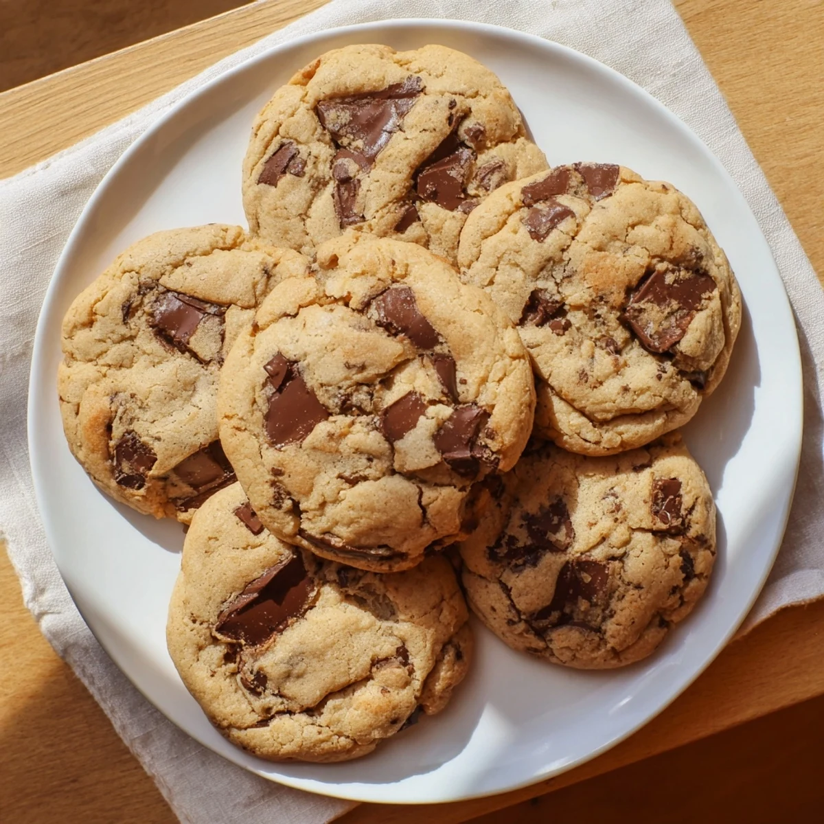 Warm homemade chocolate chip cookies with gooey chips on white serving plate