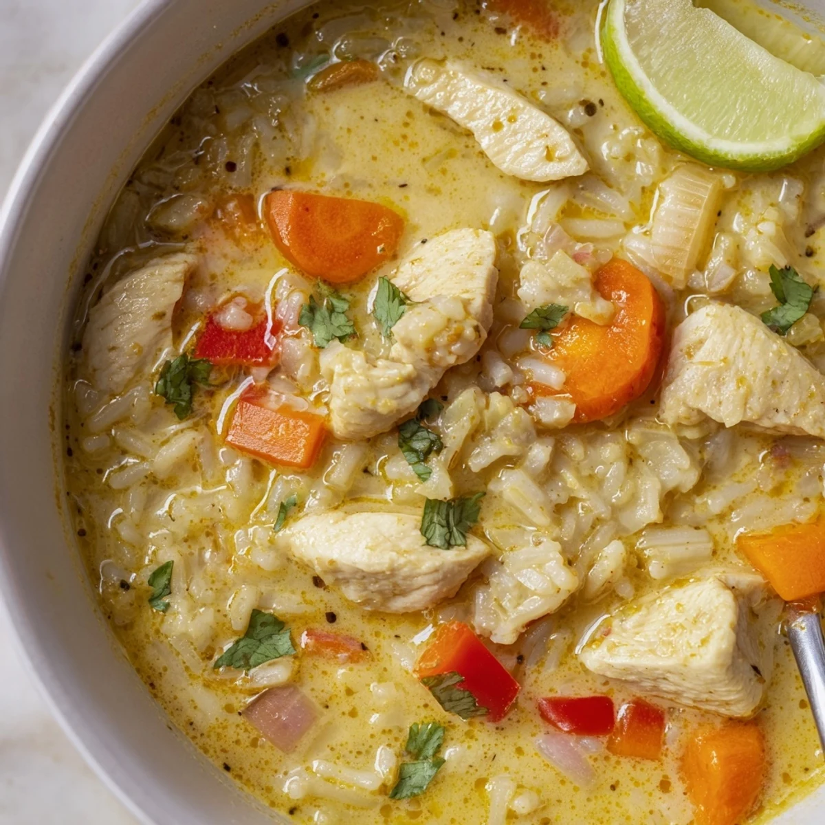 Golden Coconut Chicken Rice Soup steaming in bowl, creamy turmeric aroma  