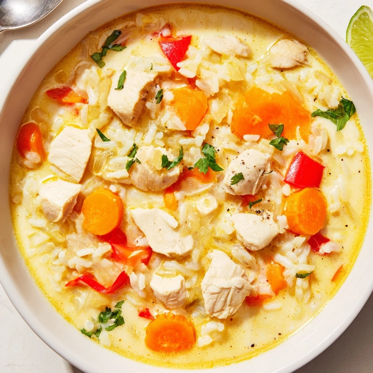 Bowl of Golden Coconut Chicken Rice Soup garnished with cilantro and lime  