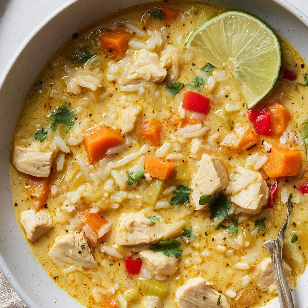 Rustic wooden spoon beside Golden Coconut Chicken Rice Soup, silky coconut broth