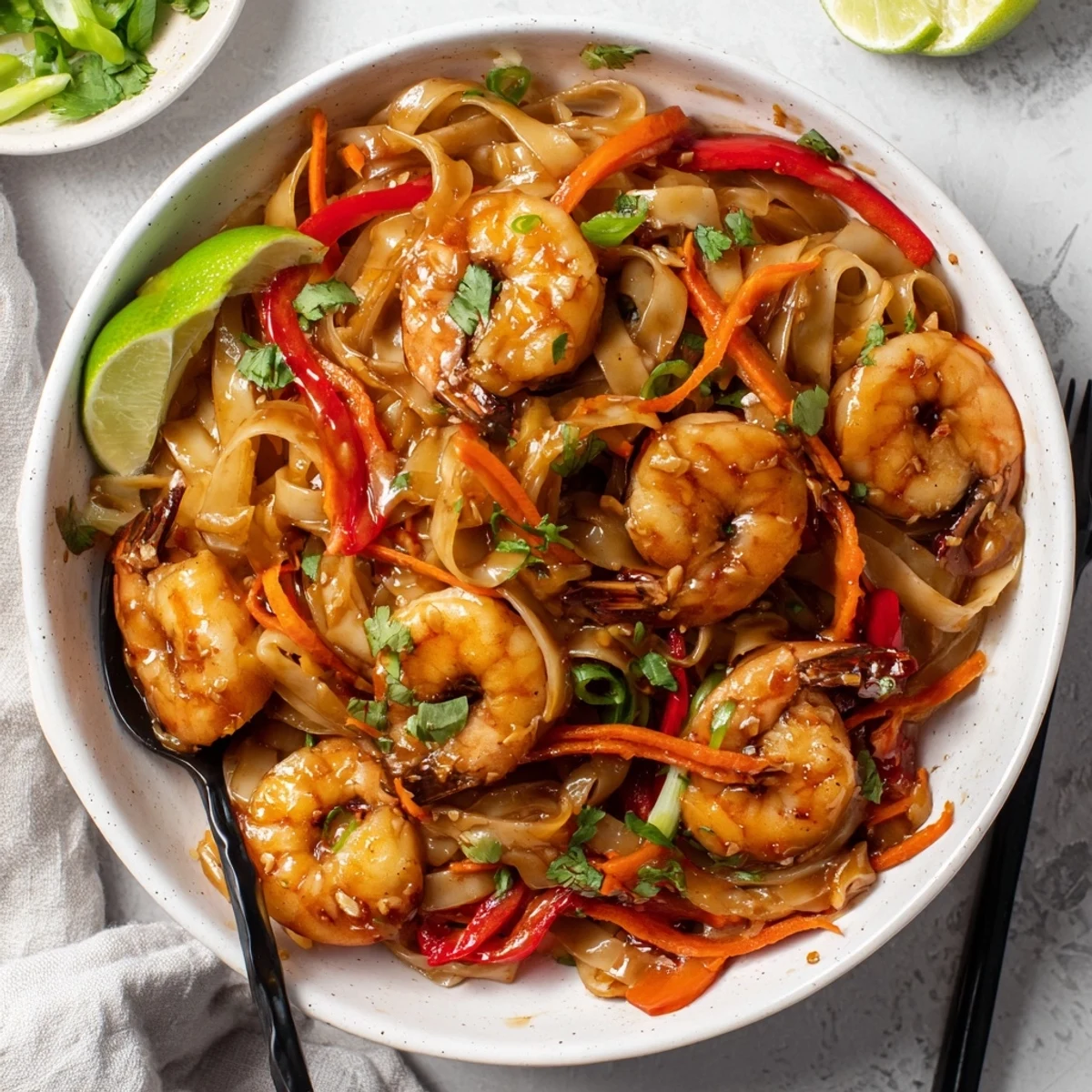 Steaming Spicy Garlic Shrimp Noodles Recipe tossed with lime and cilantro