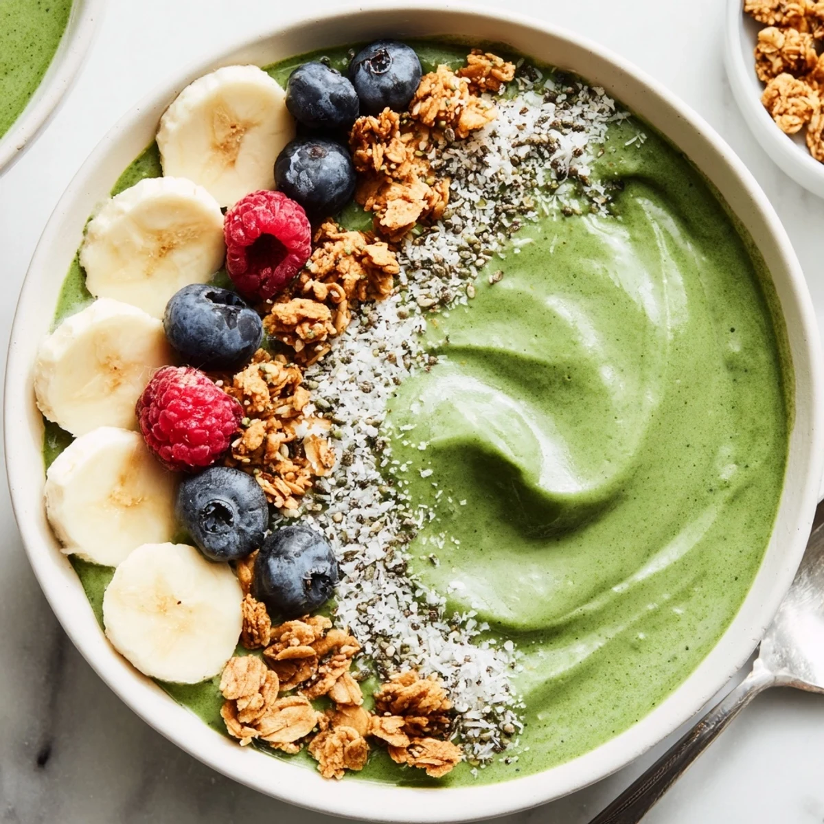 Green Smoothie Bowl With Spirulina, Banana & Hemp Seeds topped with crunchy granola