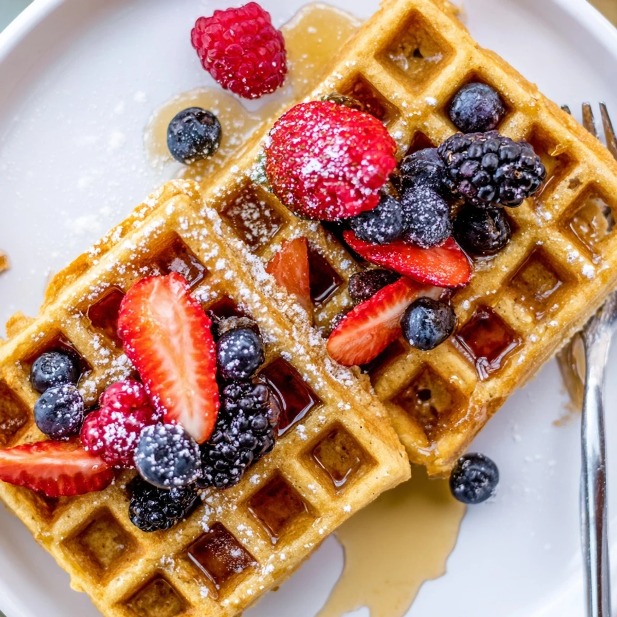 Almond Flour Waffles With Berries, golden and steaming, maple syrup glistening