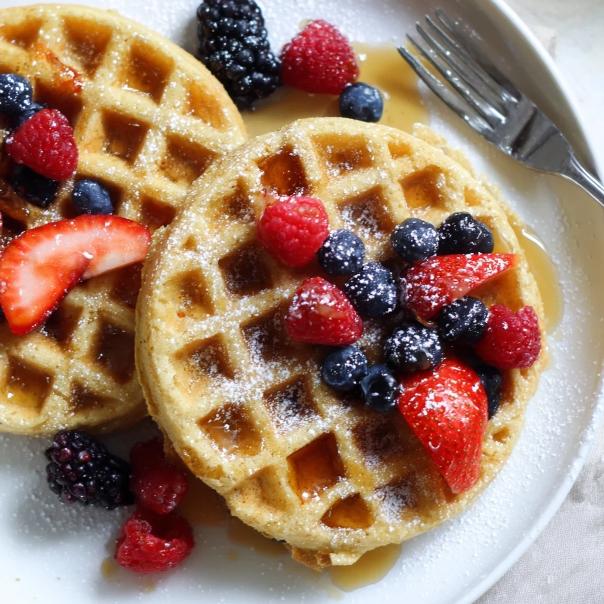 Warm stack of Almond Flour Waffles With Berries, bright fruit and powdered sugar