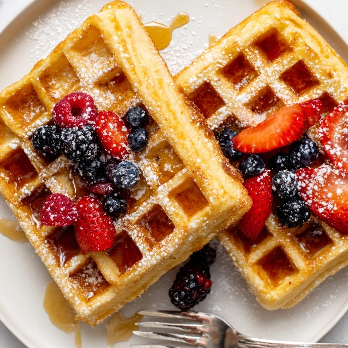 Crispy edges on Almond Flour Waffles With Berries, served with yogurt