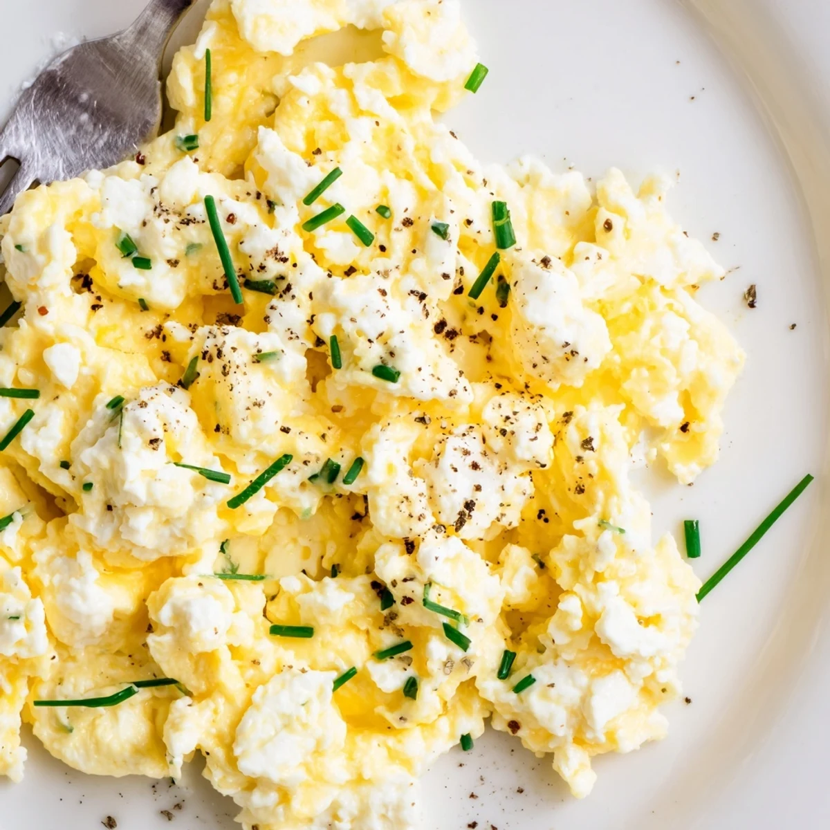 Buttery skillet cooking Cottage Cheese Scrambled Eggs With Chives, garnished with fresh chives.