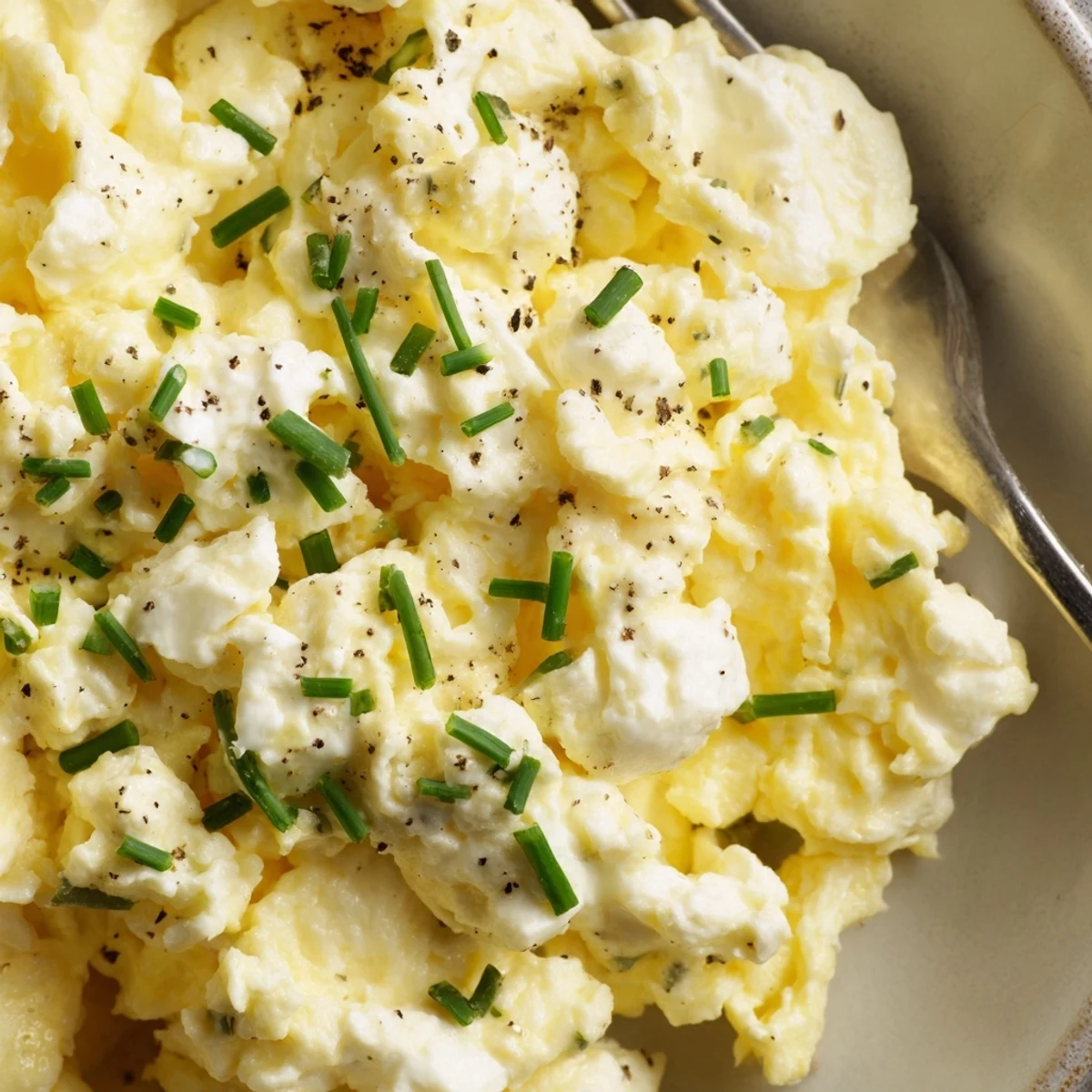 Morning plate of Cottage Cheese Scrambled Eggs With Chives, buttery soft curds.