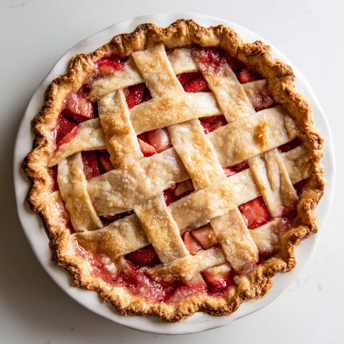 Sliced Gluten Free Strawberry Rhubarb Pie on a cooling rack, sugared lattice