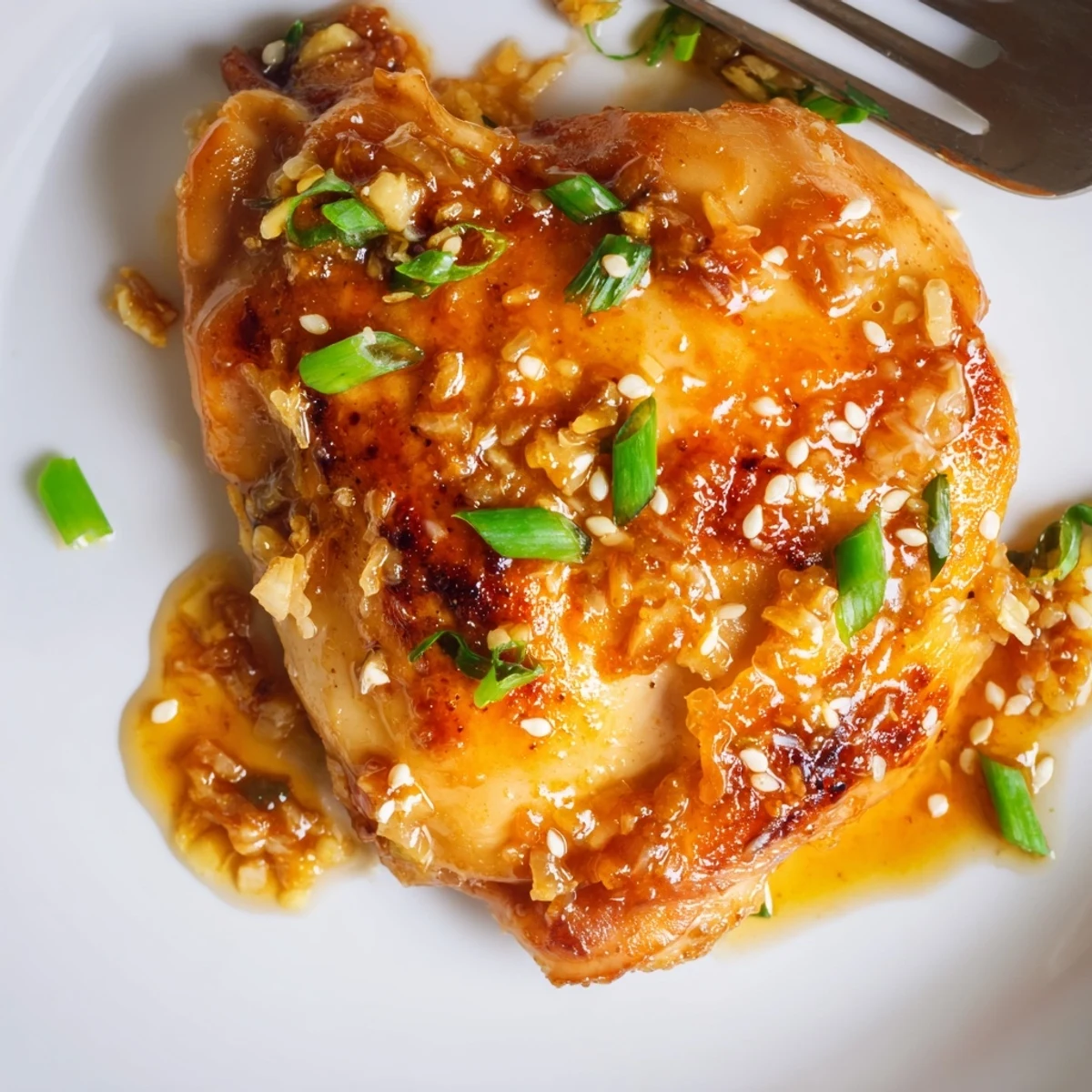 Seared, glossy Sticky Sweet Savory Apricot Chicken atop steaming jasmine rice