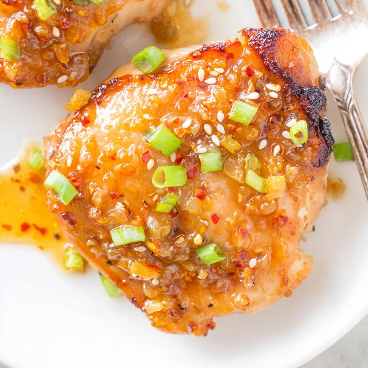 Sticky Sweet Savory Apricot Chicken topped with toasted sesame seeds and green onions