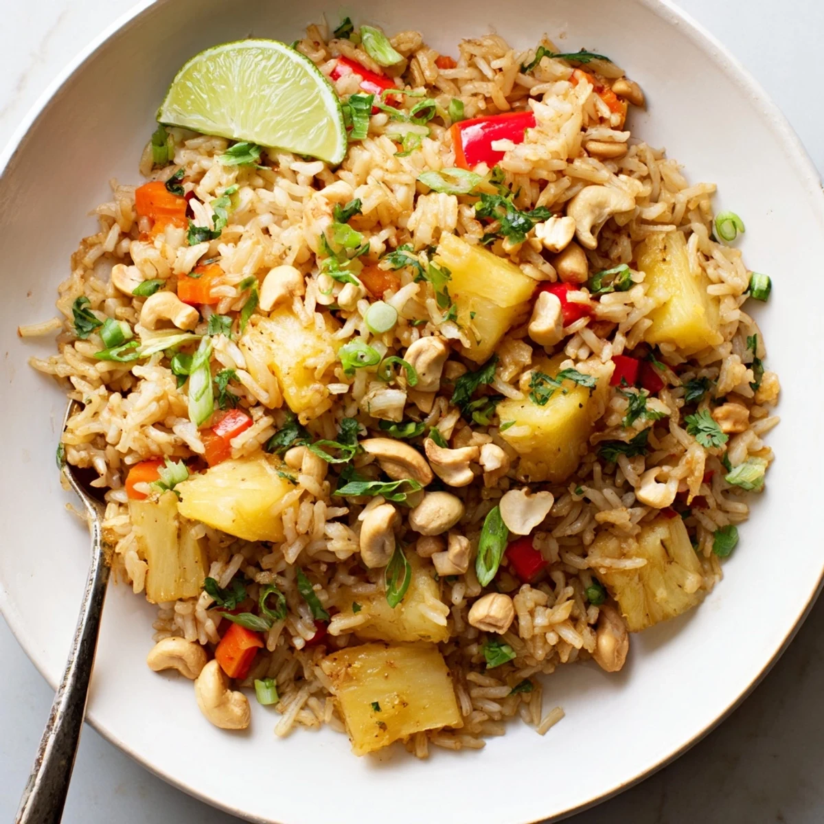 Warm Pineapple Rice served in a hollowed pineapple with lime wedges