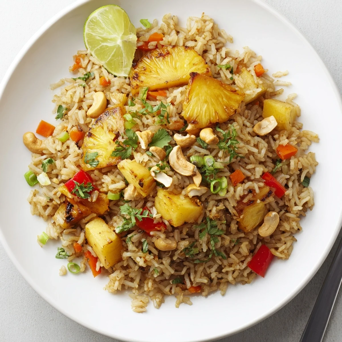 Pineapple Rice sizzling in wok with caramelized pineapple and bright cilantro