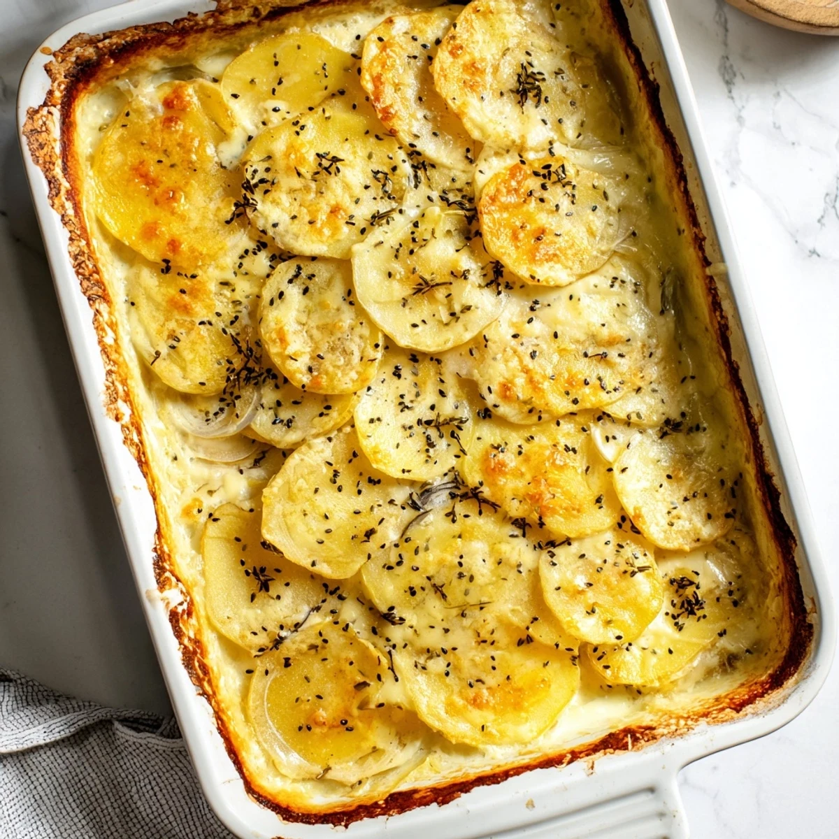 Golden potato gratin with nigella seeds bubbling under melted Gruyère cheese in baking dish
