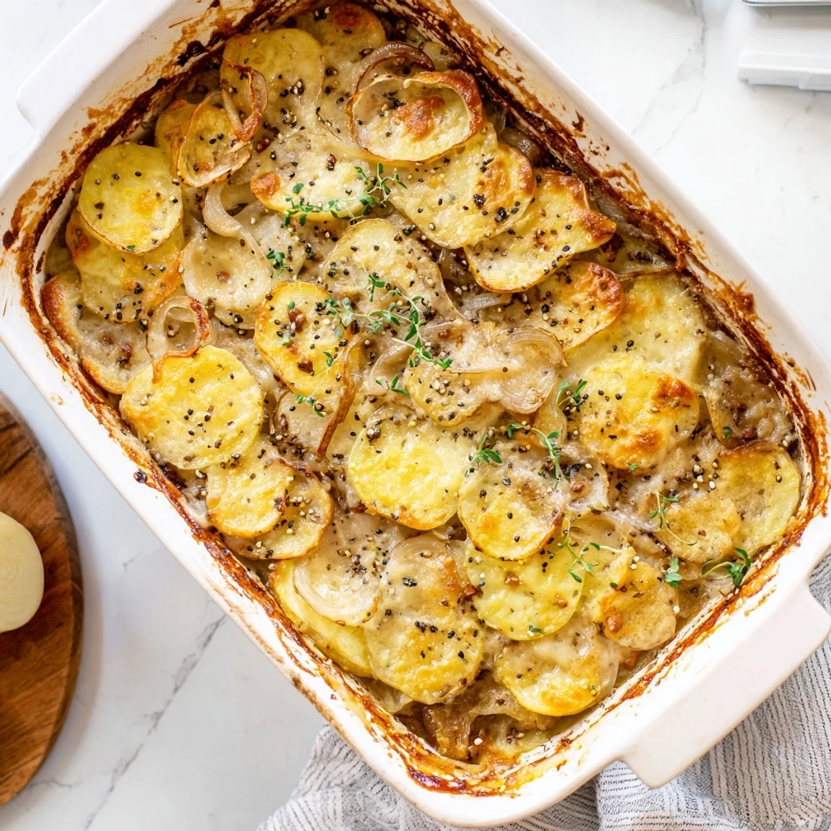 Baked potato gratin topped with crispy cheese and aromatic nigella seeds perfect for elegant dinners