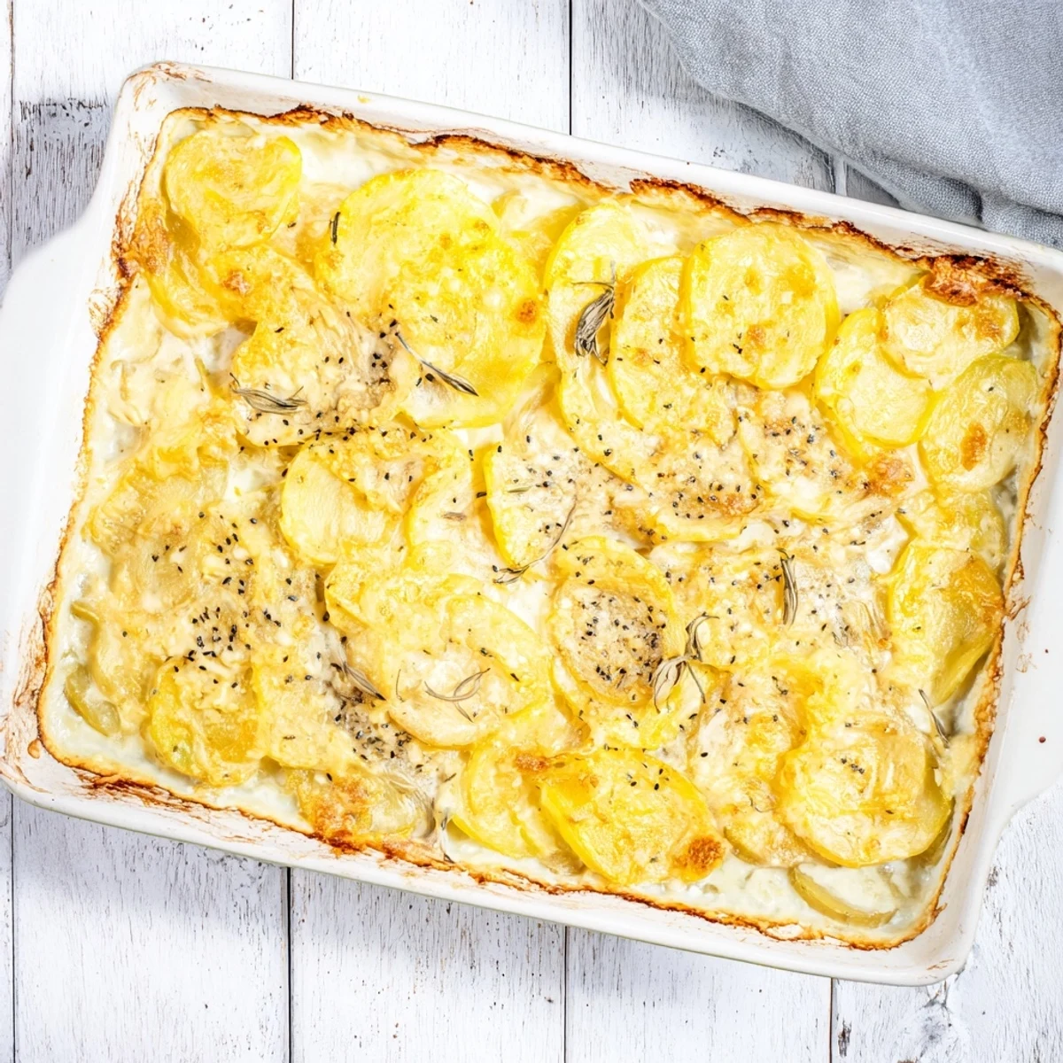 Creamy Nigella potato gratin layers sliced potatoes and onions with fragrant garlic and nutmeg