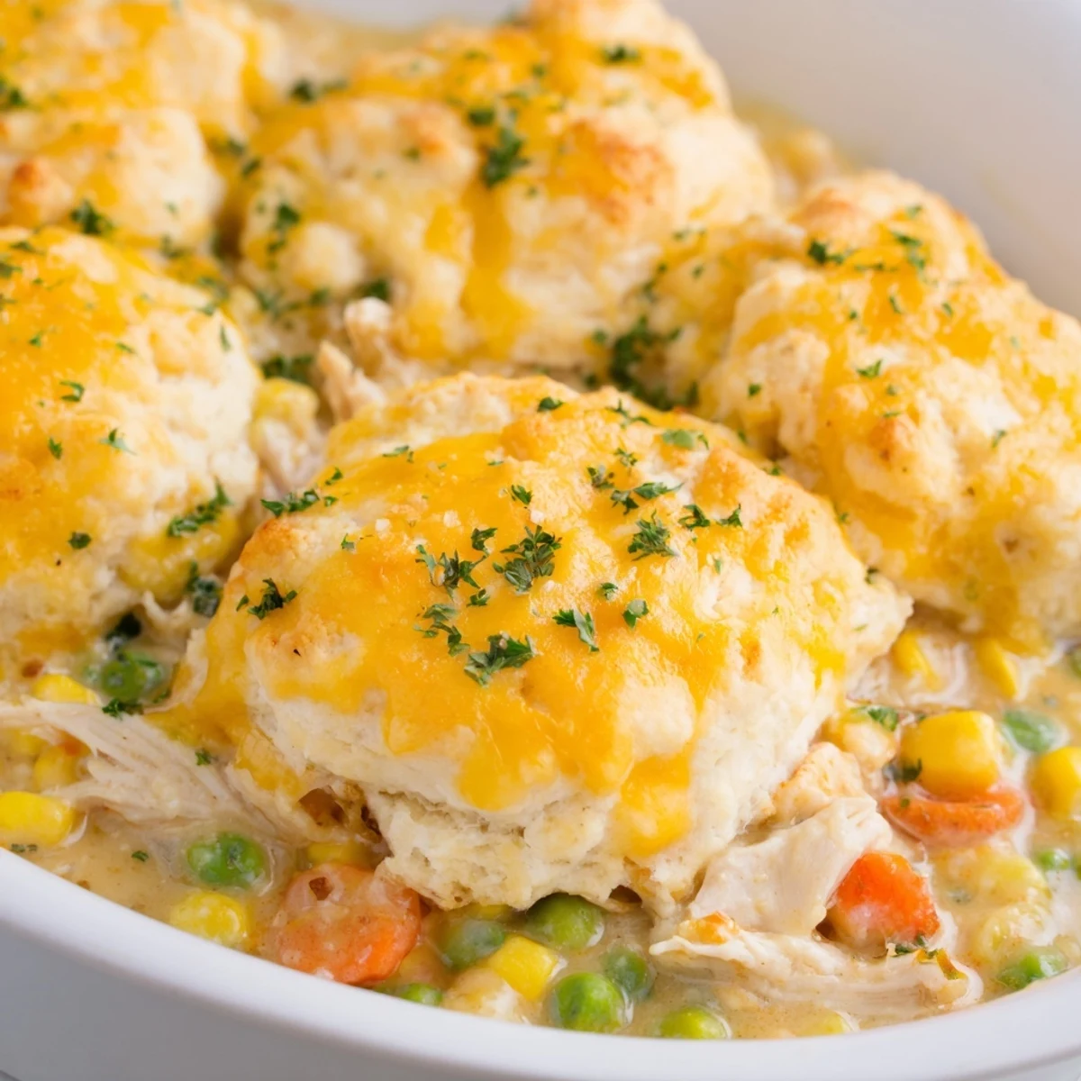 Golden cheddar biscuit topping crowns this savory Cheddar Bay Chicken Cobbler with tender chicken and vegetables bubbling beneath