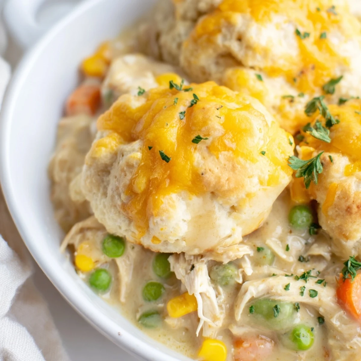 Fluffy garlic cheddar biscuits baked golden over creamy chicken filling in this comforting Cheddar Bay Chicken Cobbler casserole