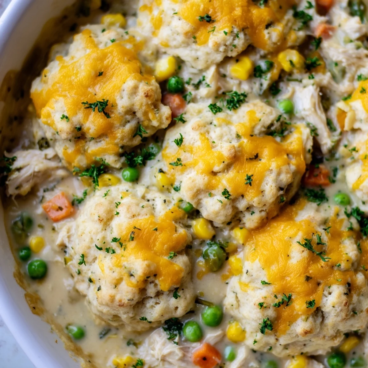Savory Cheddar Bay Chicken Cobbler featuring shredded chicken and mixed vegetables beneath a cheesy biscuit crust brushed with garlic butter