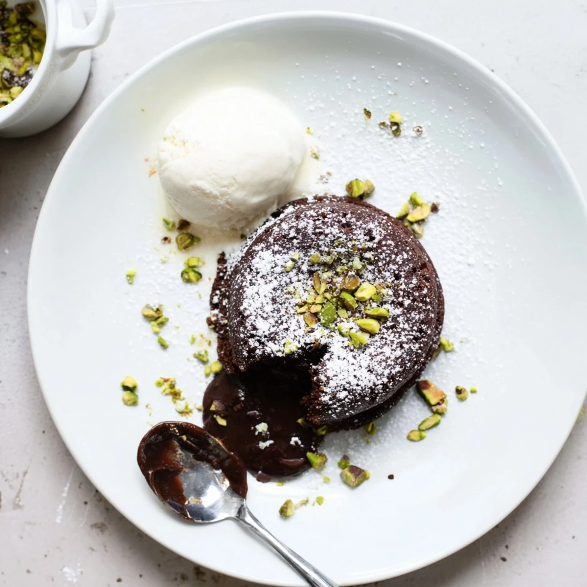 Rich molten pistachio chocolate lava cakes with gooey centers dusted in powdered sugar