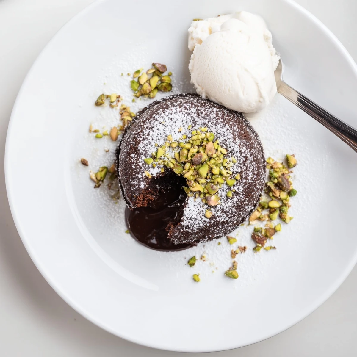 Warm pistachio chocolate lava cakes served fresh from the oven with vanilla ice cream