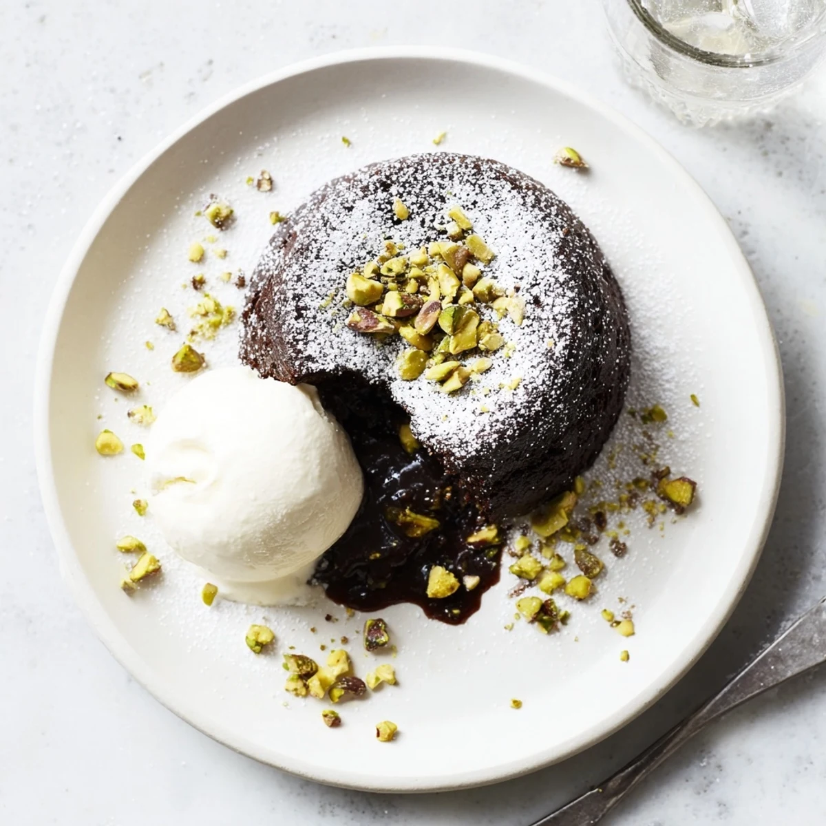 Individual chocolate pistachio lava cakes oozing warm ganache topped with chopped nuts