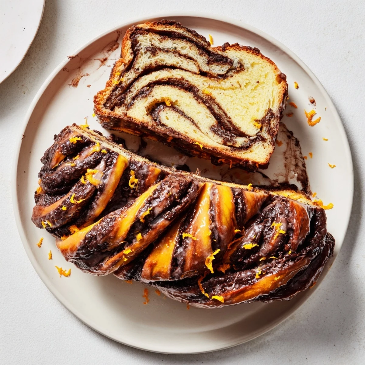 Golden orange glazed chocolate babka loaf drizzled with citrus icing on wooden board