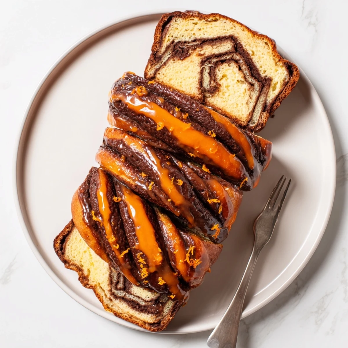 Decadent orange glazed chocolate babka showing twisted dark chocolate filling and shiny topping