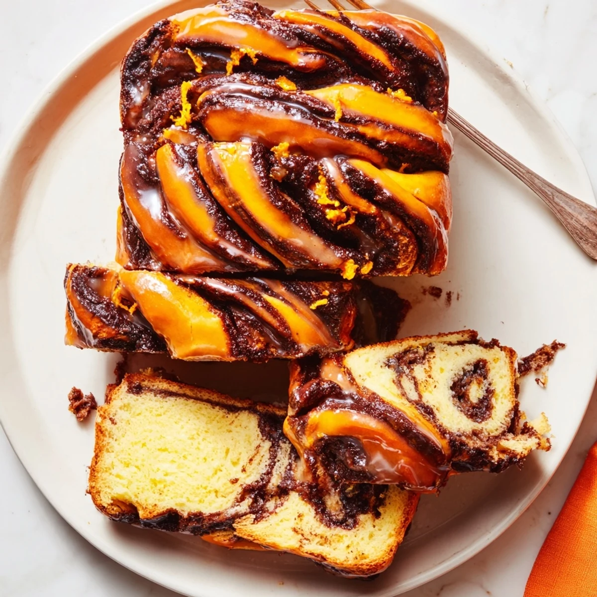 Swirled chocolate babka bread with glossy orange glaze sliced to reveal rich layers