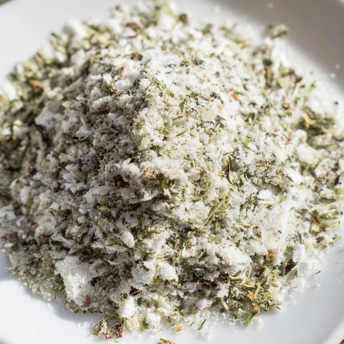 Golden homemade Dehydrated Tzatziki Seasoning Mix displayed in a glass jar with dried herbs and spices