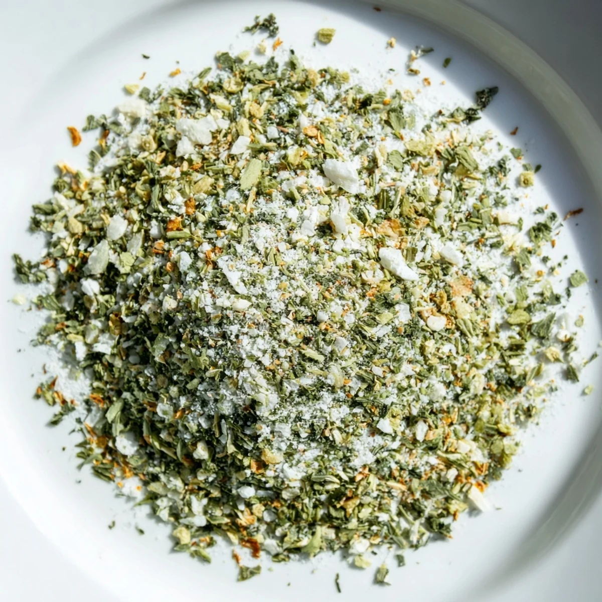 Small bowl of dehydrated tzatziki seasoning mix surrounded by fresh dill and cucumber slices