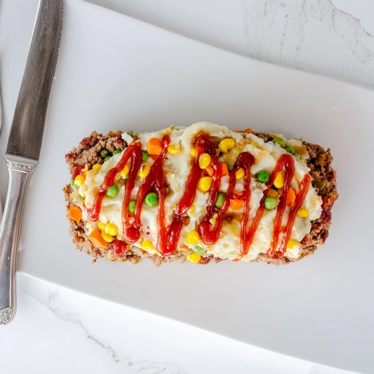 Golden meatloaf casserole topped with fluffy mashed potatoes and melted cheddar cheese