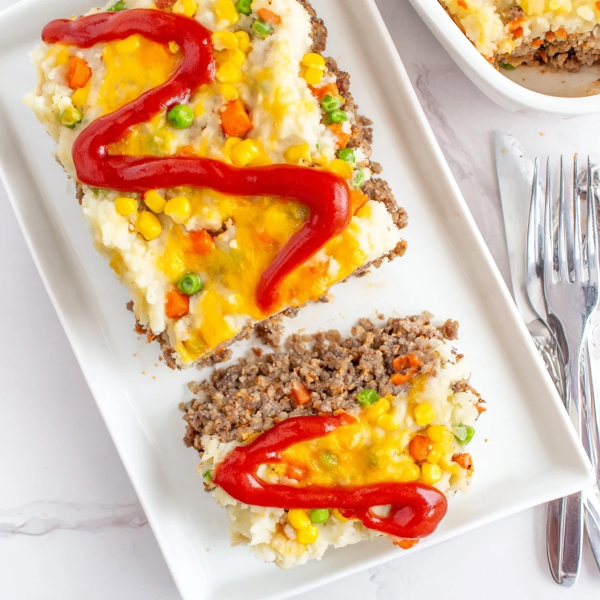 Comforting meatloaf casserole bubbling with savory beef, vegetables, and creamy potato layer