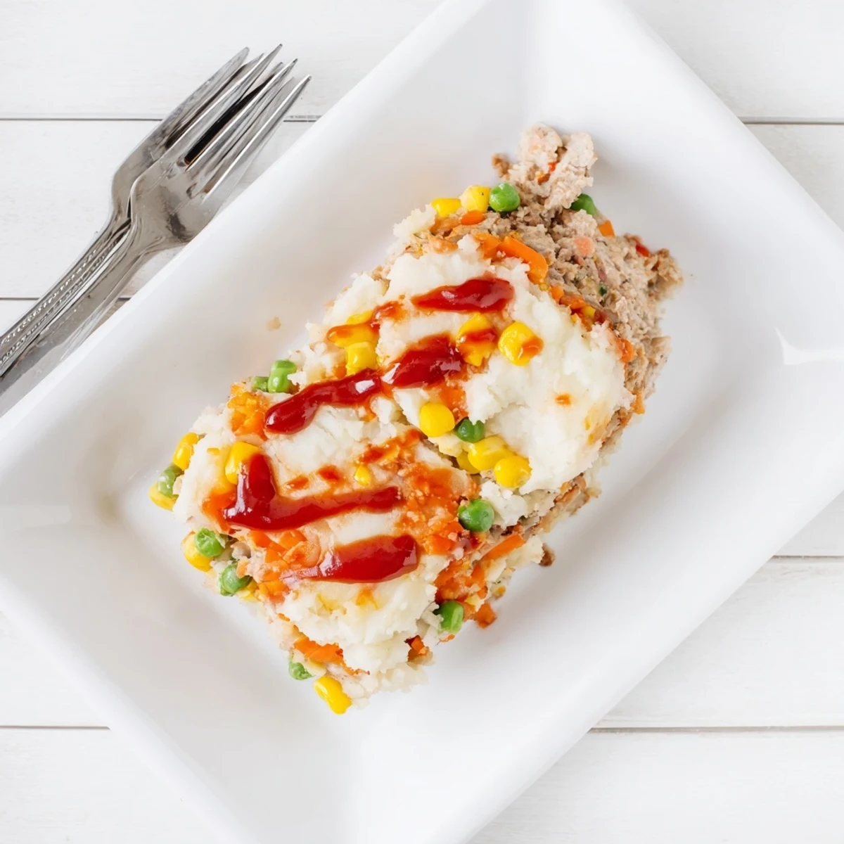 Family-style meatloaf casserole drizzled with ketchup and baked until golden and bubbly